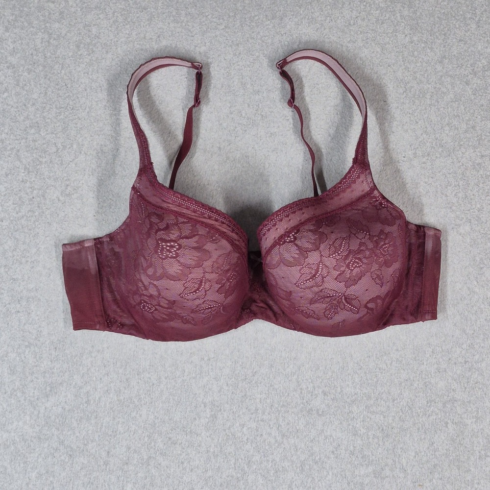 Cacique Women Bra 42D Burgundy Floral Modern Lace Covered T Shirt READ